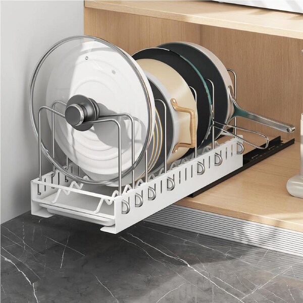 White Pull out Pot Rack Sliding Kitchen Pans Storage With Drain Rack Pot Lid Tray Holder