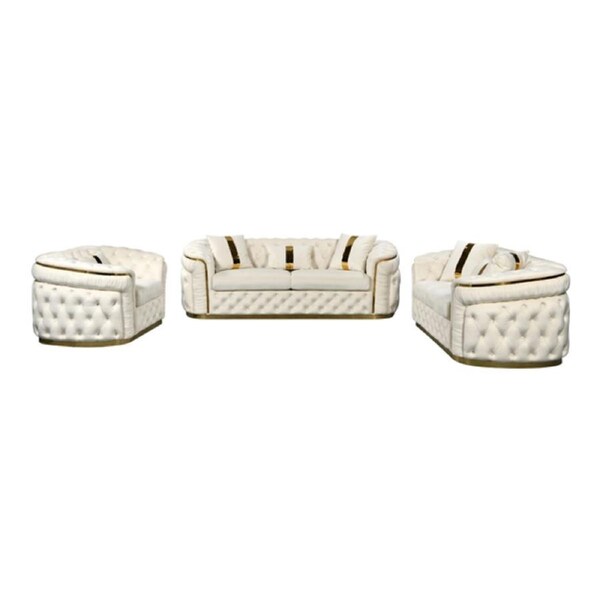 3+2+1 Seater Sofa Set Beige Velvet Fabric Solid Wood construction Gold Stainless Steel Trim