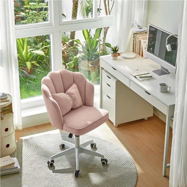 Pink Velvet Adjustable Height Swivel Computer Chair with Wheels and Cushion/Pink Office Chair