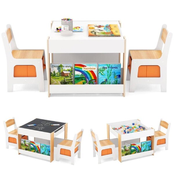 Babyjoy 4-in-1 Kids Table & Chair Wooden Activity Set w/Reversible Blackboard Drawing Writing Desk Natural