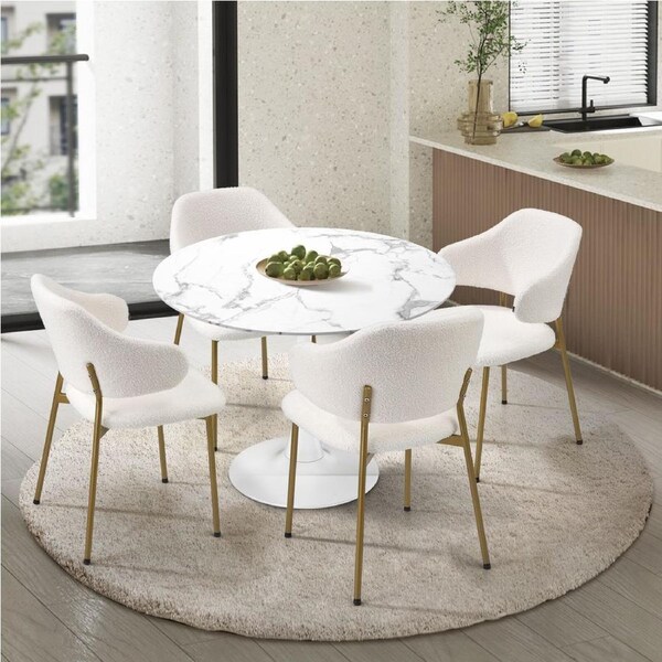 Oikiture 90cm Round Dining Table with 4x Dining Chairs Sherpa Gold&White
