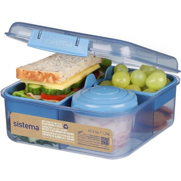 Sistema Ocean Bound Plastic Bento Box Cube - 1.25L Square Lunch Box with Yoghurt/Fruit Pot - BPA-Free Made Using Recycled Plastic - Teal OR Blue (Colour Not Selectable) - 1 Count
