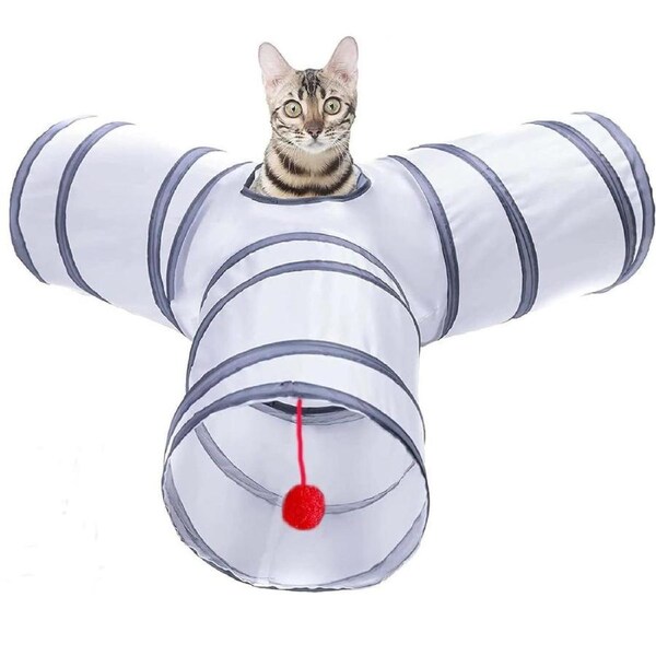 Alicedreamsky Cat Tunnel, Collapsible Tube with 1 Play Ball Toys, 3 Ways Tunnels for Indoor Cats, Puppy, Kitty, Kitten, Rabbit (White and Gray)