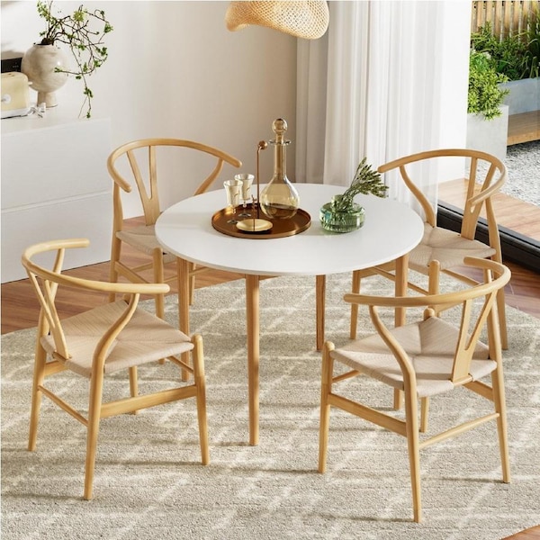 1 Artiss Dining Table and 4 Chairs Set Wishbone Wood
