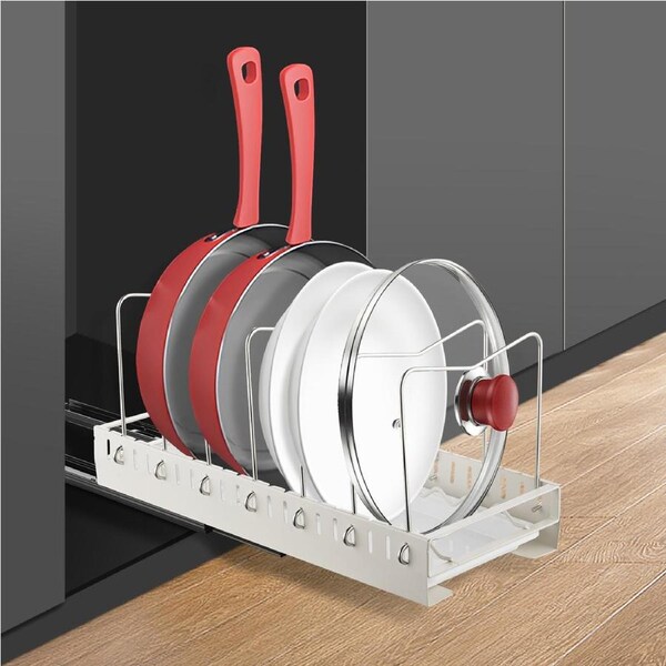 ACA White Pot Pan Storage Pull out Rack Organizer Adjustable Lid Holder Under Cabinet