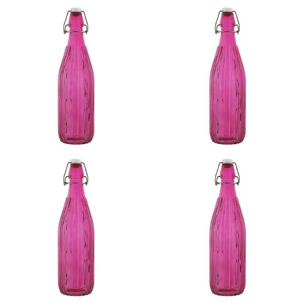 4PK Porto Pop Soda Lime Glass Water Bottle Container 30.5cm/900ml Groove Fushia