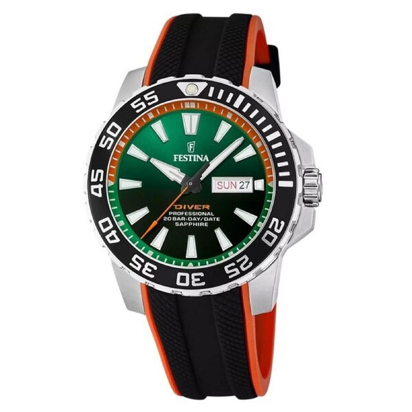 Festina The Originals Rubber Strap Green Dial Quartz F20662-2 200M Mens Watch