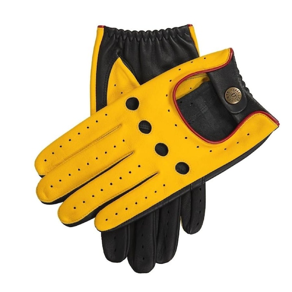 Dents Mens Touchscreen Three Colour Leather Driving Gloves - Yellow/Black/Red L