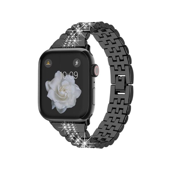 Nevenka Metal Watchband with Rhinestone Adjustable for iWatch Series SE 7 6 5 4 3 2 1-Black 42/44/45mm