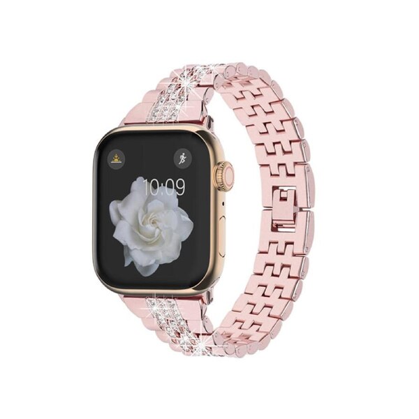 Nevenka Metal Watchband with Rhinestone Adjustable for iWatch Series SE 7 6 5 4 3 2 1-Rose Pink 42/44/45mm