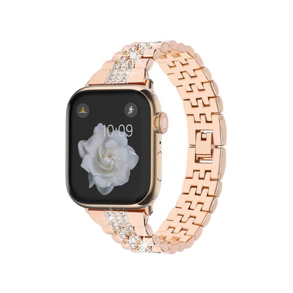 Nevenka Metal Watchband with Rhinestone Adjustable for iWatch Series SE 7 6 5 4 3 2 1-Rose Gold 38/40/41mm