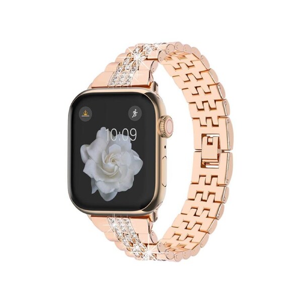 Nevenka Metal Watchband with Rhinestone Adjustable for iWatch Series SE 7 6 5 4 3 2 1-Rose Gold 42/44/45mm