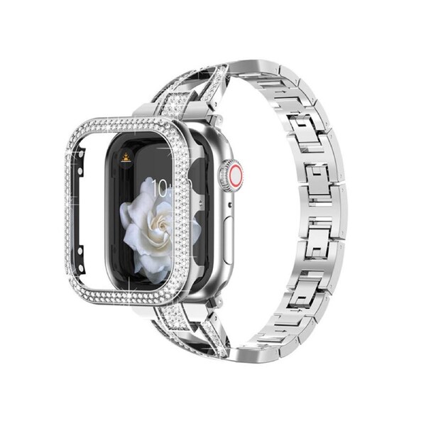 Nevenka Bling Band Compatible Apple Watch with Case 38 40 42 44mm Rhinestone Cross Straps-Silver 44mm