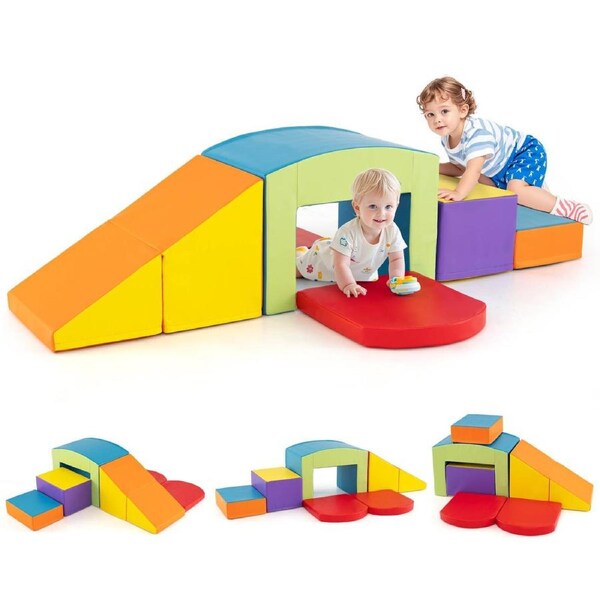 Costway 6PCS Soft Foam Climbing Blocks w/Tunnel Stairs Climb Crawl & Slide Playset Indoor Activity Play Toys