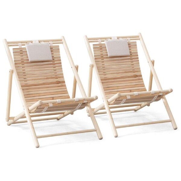 Costway 2PK Wood Lounge Chairs Folding Patio Chairs Adjustable Sun Recliners w/Cushion Beach Balcony Pool Natural