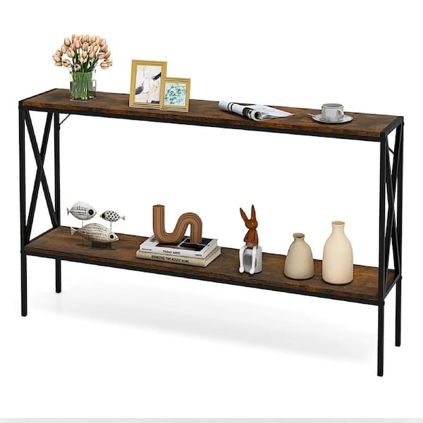 Costway Metal Console Table 2-Tier Narrow Sofa Side Table Behind Couch w/Open Storage Display Shelf Entry Hallway Brown
