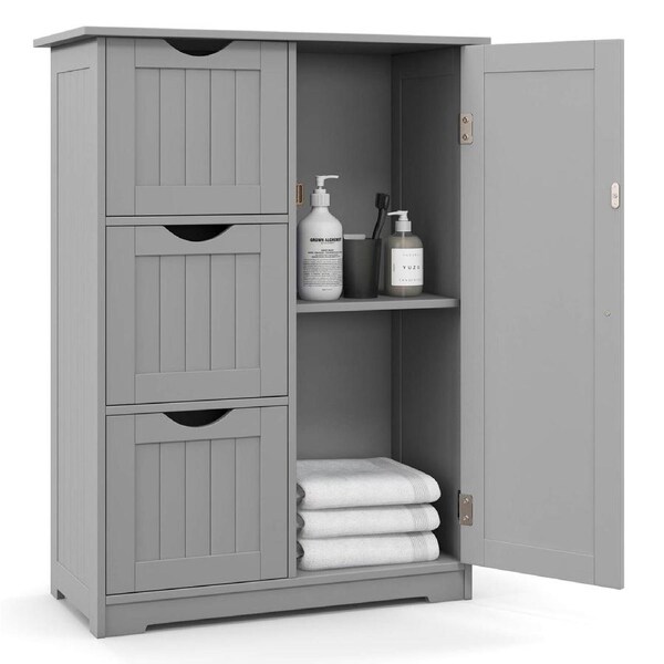Costway Bathroom Floor Cabinet w/3 Drawers & 1 Cupboard Freestanding Side Storage Cabinet Wooden Unit Organizer