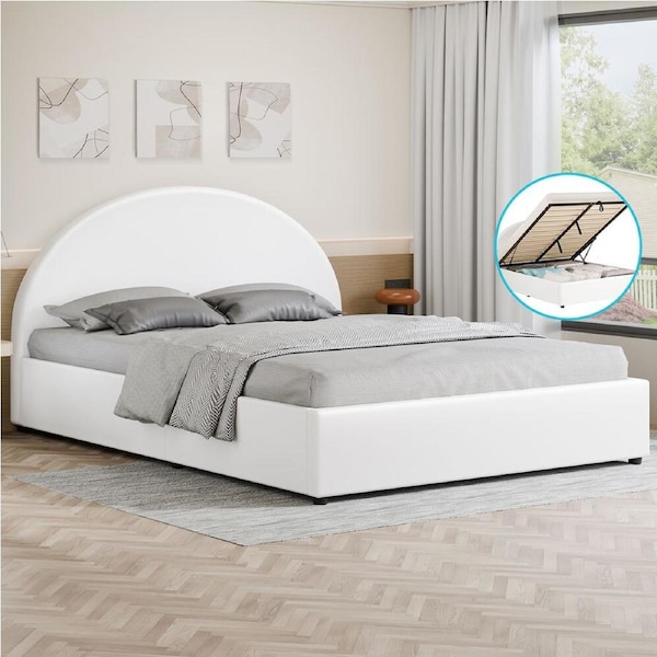 ALFORDSON Bed Frame Queen Size Gas Lift Base With Storage White Leather HOWELL