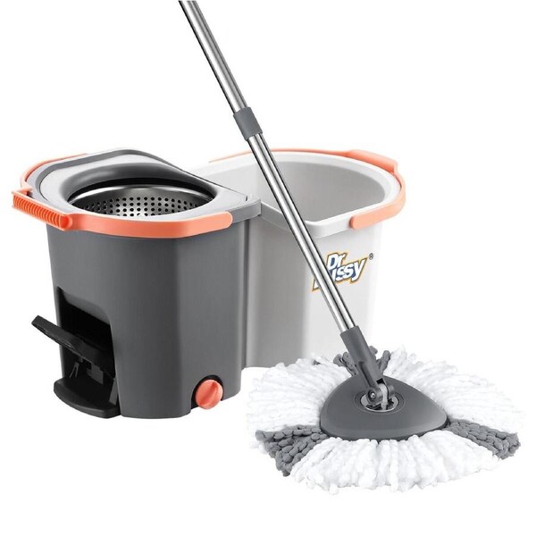 Spin Mop and Twin Bucket Set Tile Wood Floor Cleaner 4 Microfibre Heads Magic Dry Twist Separate Stackable Easy Cleaning System 360 Degree Rotating