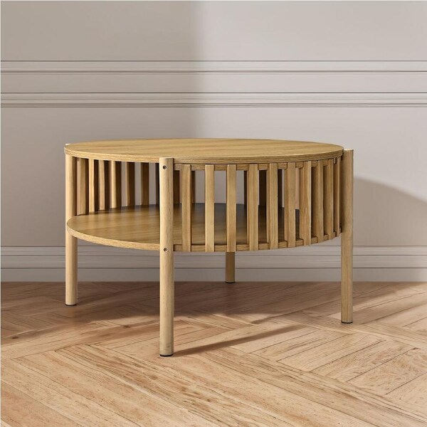 Furb Round Wooden Coffee Table with Slatted Storage Side Table Smooth Surface for Living Room