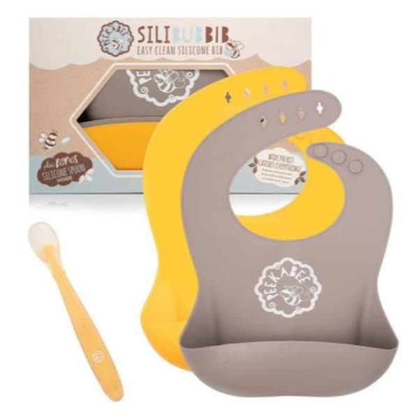 Peekabee Silicone Bib Charcoal/Sunshine 2 Pack + Silispoon