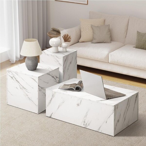 Oikiture Coffee Table Set of 3 Side Tables Sofa Cafe Desk Marble Effect White