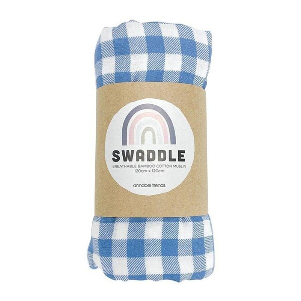 Annabel Trends Muslin Baby Swaddle Sleeping Blanket Wrap 120cm Gingham Blue
