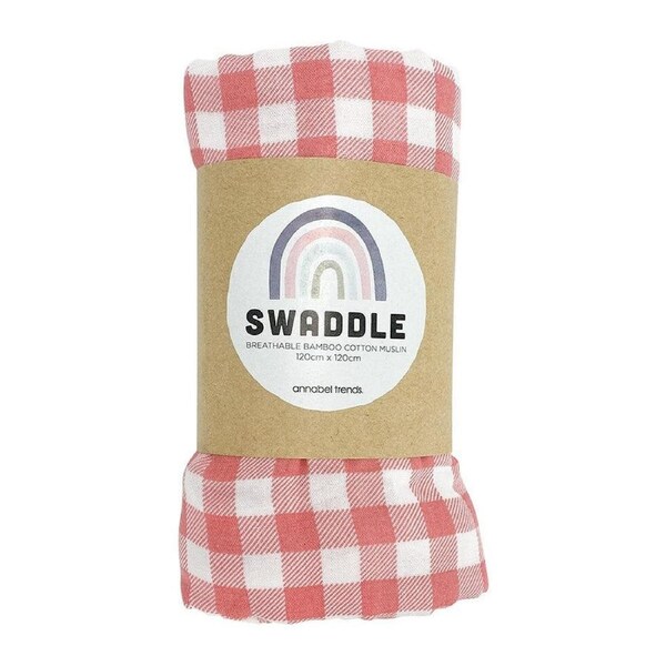 Annabel Trends Muslin Baby Swaddle Sleeping Blanket Wrap 120cm Gingham Rhubarb