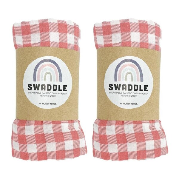 2PK Annabel Trends Muslin Baby Swaddle Sleeping Blanket 120cm Gingham Rhubarb