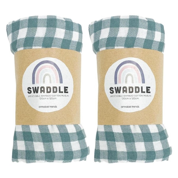 2PK Annabel Trends Muslin Baby Swaddle Sleeping Blanket Wrap 120cm Gingham Olive