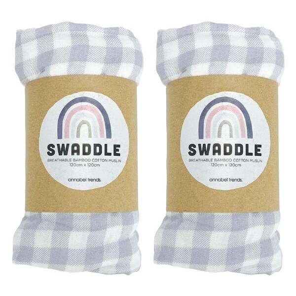 2PK Annabel Trends Muslin Baby Swaddle Sleeping Blanket 120cm Gingham Cool Grey