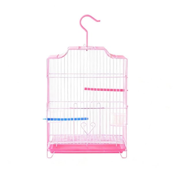 Bird Cage Arch Top Pink White 2 Feeders Perches 32x31x44cm Travel House Roof Pet