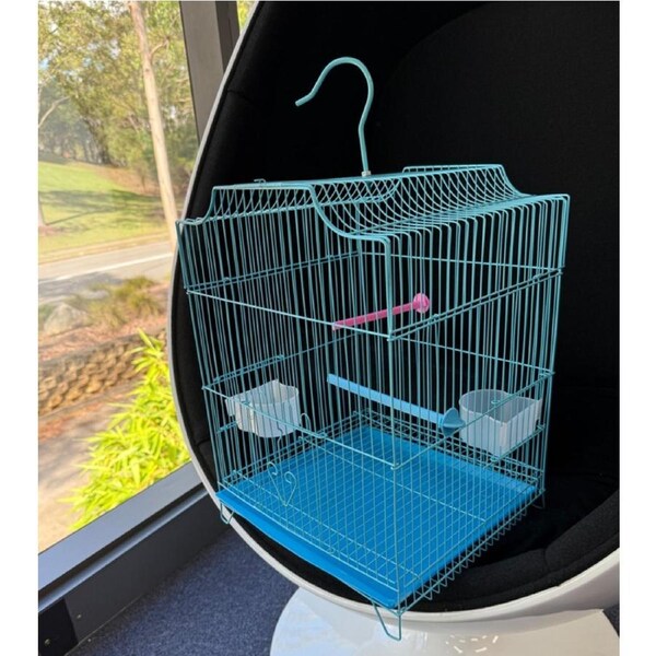 Bird Cage Arch Top Blue Silver 2 Feeders Perches 32x31x44cm Travel House Roof Pet