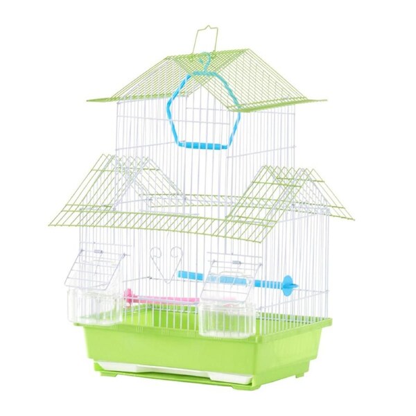 Apartment Bird Cage Green White Small 2 Feeders Perches 32x29x44cm Travel House Roof Pet