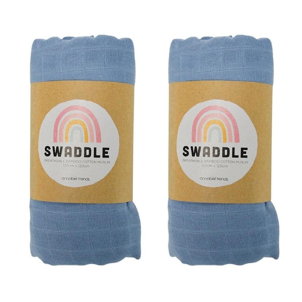 2PK Annabel Trends Muslin Swaddle Baby Sleeping Wrap/Blanket 120x120cm Blue