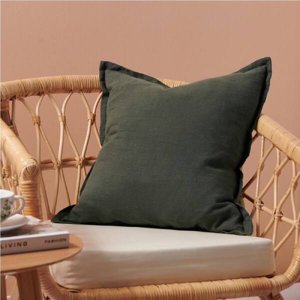 Natural Home Ardenne Washed French Linen Cushion With Oxford Edge Moss Green 50x50cm