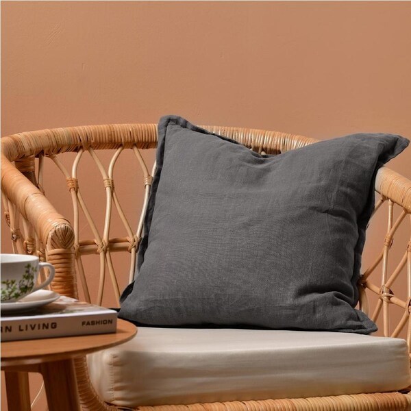Natural Home Ardenne Washed French Linen Cushion With Oxford Edge Basalt Grey 50x50cm