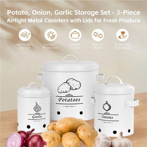 3 Pcs Galvanised Iron Fruit Vegetable Storage Tins