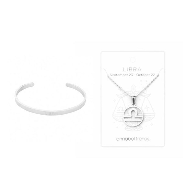 2pc Annabel Trends Stainless Steel Cuff Bangle & Pendant Zodiac Libra Silver
