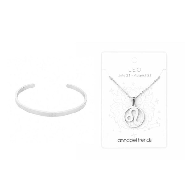 2pc Annabel Trends Stainless Steel Cuff Bangle & Pendant Zodiac Leo Silver