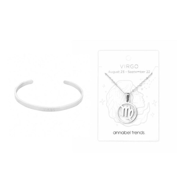 2pc Annabel Trends Stainless Steel Cuff Bangle & Pendant Zodiac Virgo Silver
