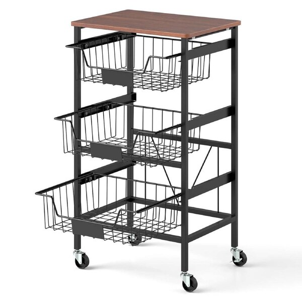 Giantex 4-Tier Kitchen Storage Cart Shelving Unit Organizer w/Wooden Top Utility Cart Brown