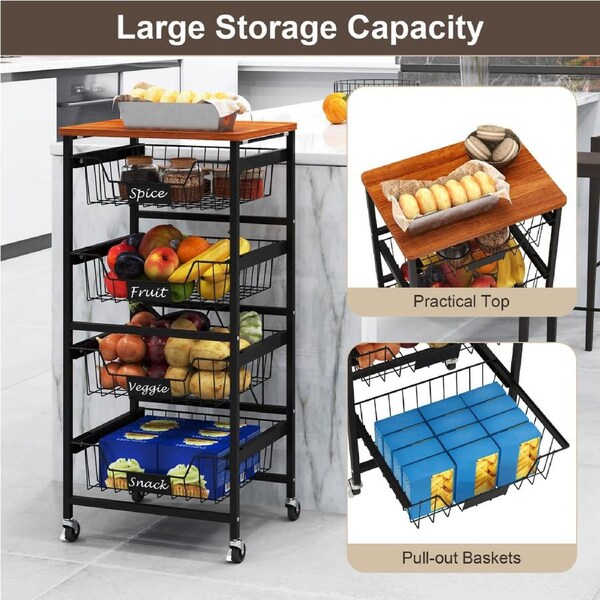 Giantex 5-Tier Kitchen Storage Cart Shelving Unit Organizer w/Wooden Top Utility Cart Brown