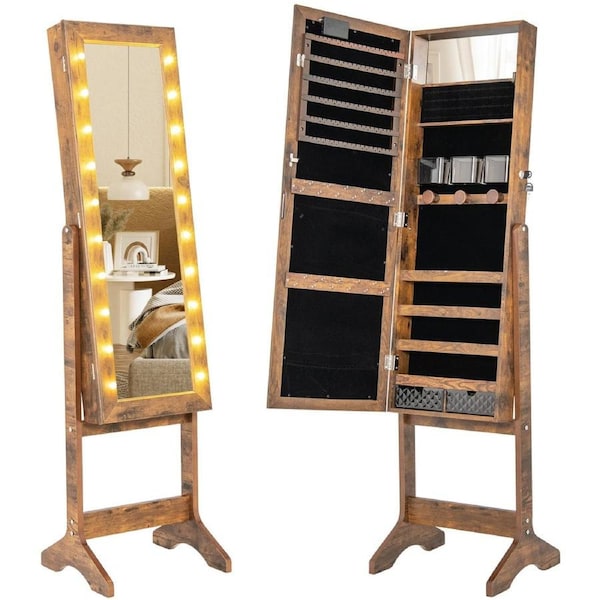 Costway Mirror Jewelry Cabinet 4 Tilt Angles Standing Jewelry Armoire Organizer w/20 Lights Brown