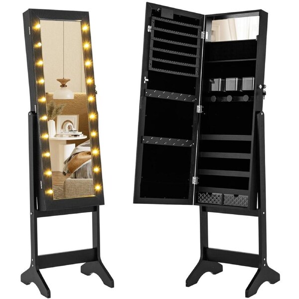 Costway Mirror Jewelry Cabinet 4 Tilt Angles Standing Jewelry Armoire Organizer w/20 Lights Black