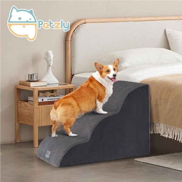Petzly 3 Tiers Dog Steps Pet Stairs Ramp Portable Bed Ladder Washable Cover