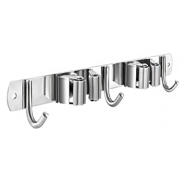 Self-Adhesive Stainless Steel broom hanger organizer¨C2 Clamps 3 Hooks-Grey