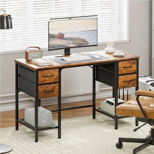 ApexSpace 120CM Computer Desk Office Desk with Drawers & Mesh Shelf Gaming Desk with Ample Storag File Drawer Organization Ideal Home Office Desk for Home Study Work Rustic Brown