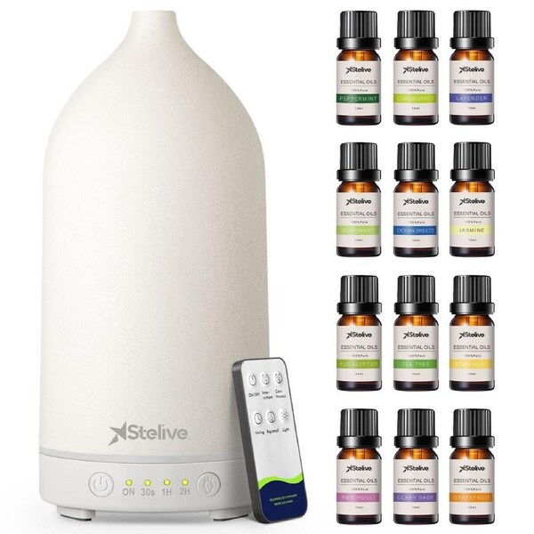 Stelive Oil Diffuser and Essential Oils Set, 200ml Ultrasonic Aromatherapy Oil Diffuser and 12Pcs Pure Essential Oil Gift Set, Auto Shut-Off for Home