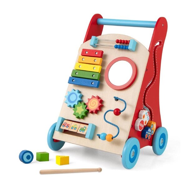 Costway Wooden Push Pull Walker w/Storage Walking Stroller Learning Activity Center Educational Toy Play